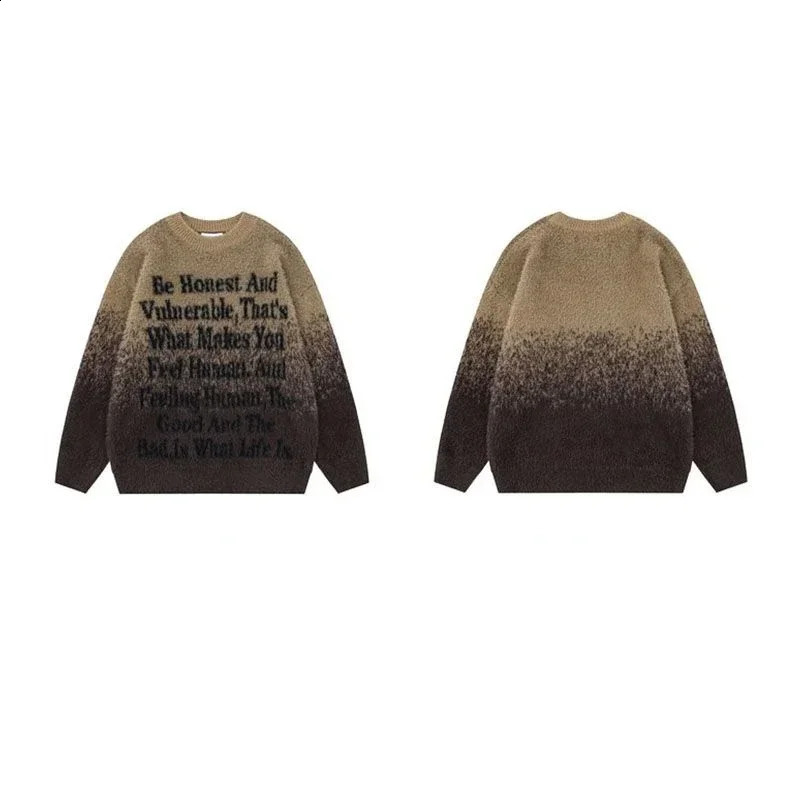 Hip hop gradient letter print knitted pullovers sweaters men and women fall and winter casual couple thickened oversize vintage 240821