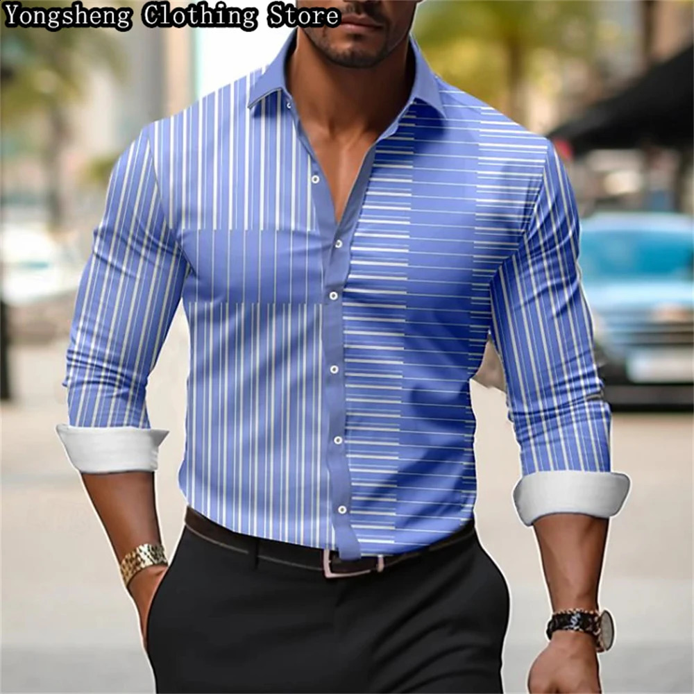 Mens long-sleeved ice silk printed shirt European -selling irregular striped splicing casual business clothing 240822