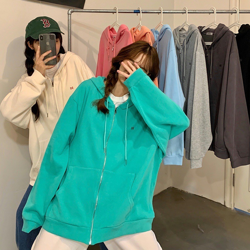 Korean version sports leisure hooded zipper cardigan sweater jacket for women autumn and winter BF style loose top trend dongdumaoyi