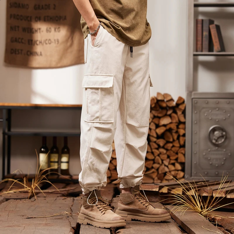 Street pleated mens pants fashionable loose casual solid color cargo multi pocket 240821