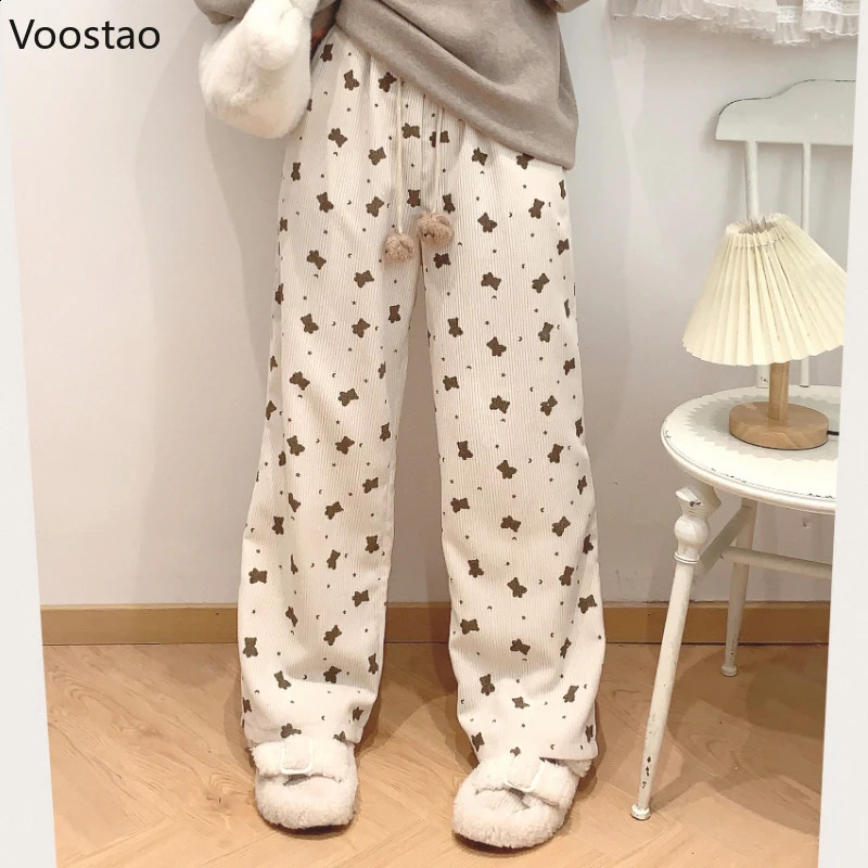 Japanese Sweet Cartoon Bear Print Corduroy Wide Leg Casual Pants Women Vintage Y2k Cute Loose Trouser Korean Harajuku Sweatpants 240821
