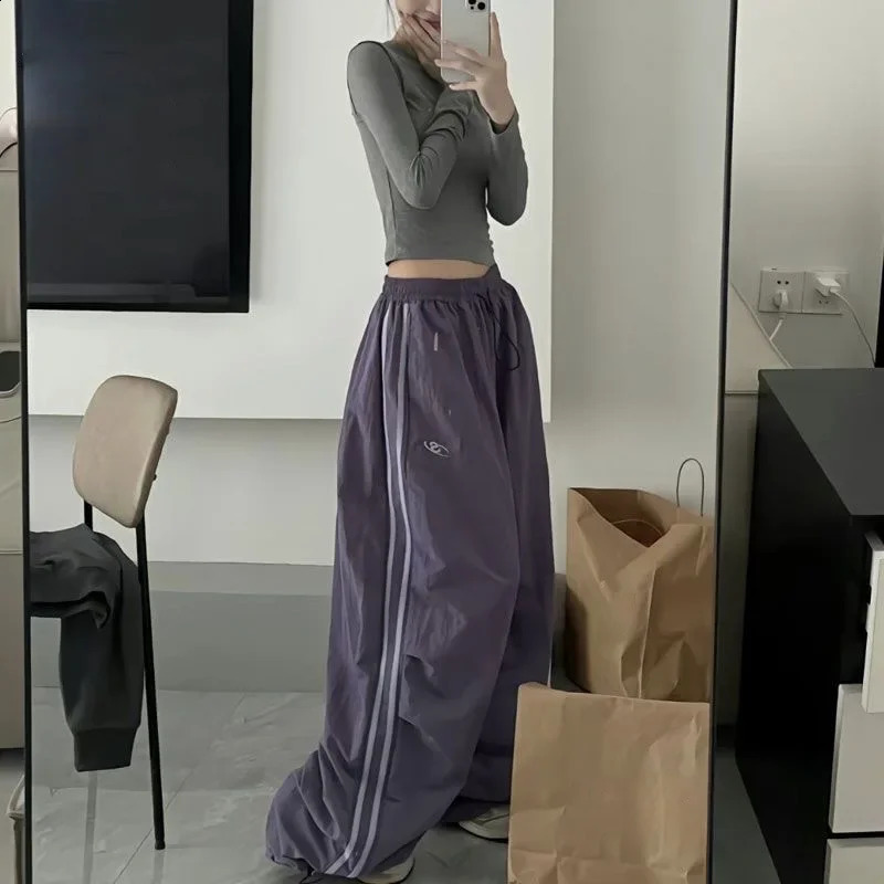 Women Cargo Pants Vintage Streetwear Baggy Wide Leg Sweatpants Casual Drawstring Oversize Pockets Tech Fashion Trousers Y2K 240821