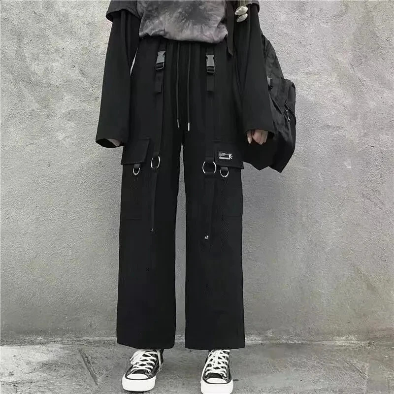 Black Cargo Pants Men Streetwear Hip Hop Wide Sweatpants With Chain Baggy Vintage Punk Harem Trousers Elastic Waist Pantalones 240822