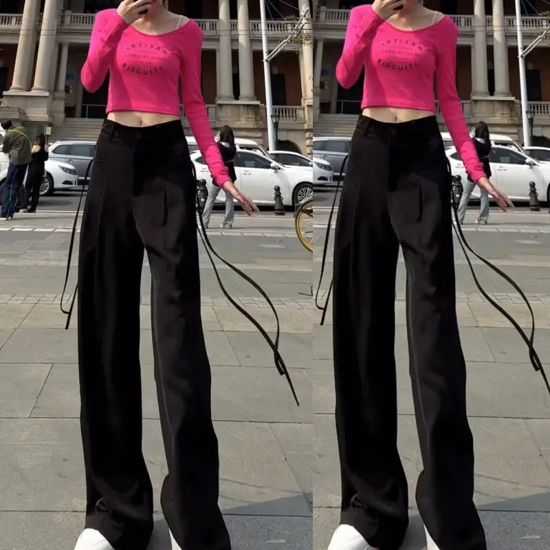 Women Korean Ribbon Casual Streetwear Harajuku Y2K Wide Leg Suit Pants Female Solid Straight Trousers High Waist Pantalones 240821