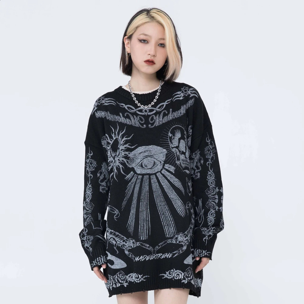 Skull print oversized sweater worn Gothic womens clothing Y2k knitted and pulled together street Harajuku long sleeved top 240821
