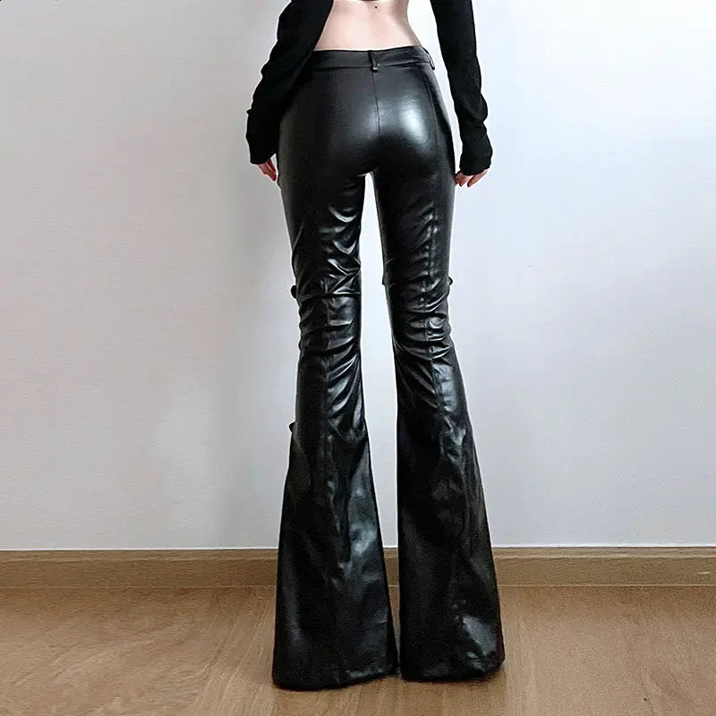 PU Leather Flare Pant Goth Buckle Lace Patchwork Pants Women Fashion Y2K Streetwear Vintage Aesthetics Casual Trouesrs 240821
