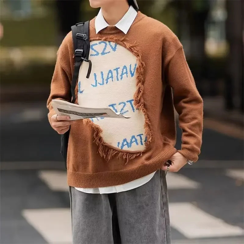 Vintage Hip Hop Style Letter Fringe Sweater For Men Women Casual High End Knitted Top Trendy American Streetwear 240821