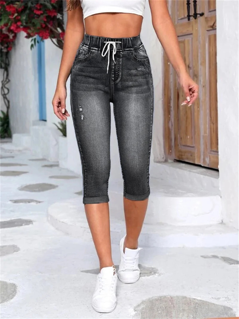 Summer Womens Elastic Waist Black Ripped Jeans Fashion High Stretch Calf-Length Denim Pencil Pants S-2XL 240821