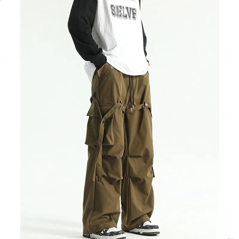 Autumn Mens Baggy Pants Ribbons Pockets Knee Pleated Loose Long Straight Hip Hop Trousers Male Oversized Cargo Pants 240822
