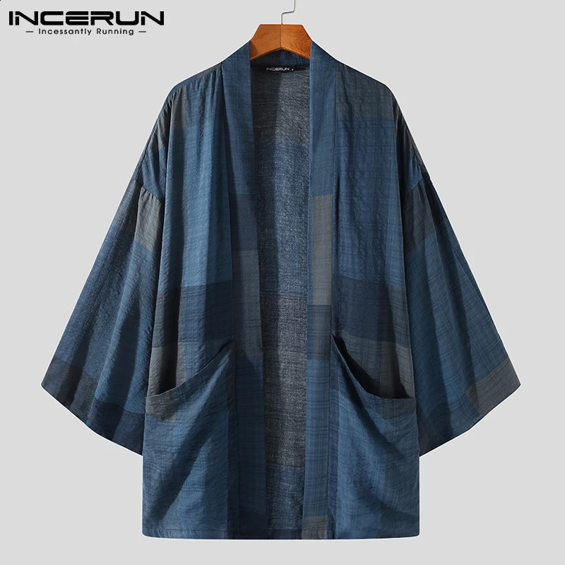 Fashion Men Trench Cotton Open Stitch Coats Solid Long Sleeve Casual Japanese Kimono Streetwear Cardigan Outerwear INCERUN 240822