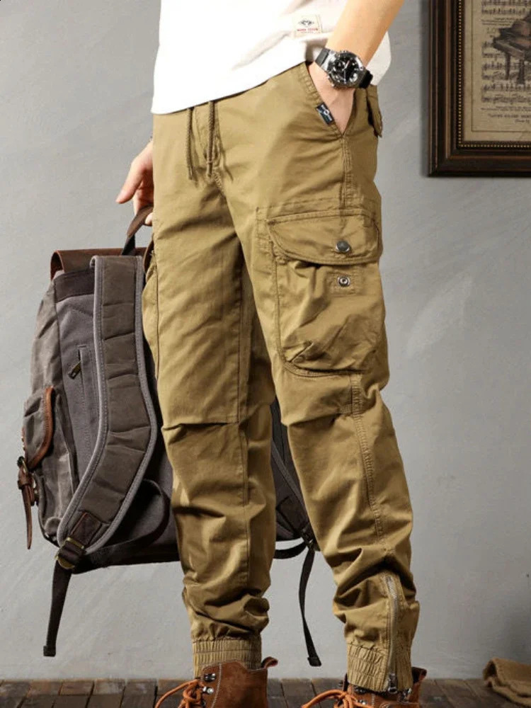 Trouser mens hiking cargo pants loose stacked khaki motorcycle street casual Emo Techwear retro aesthetics 240821