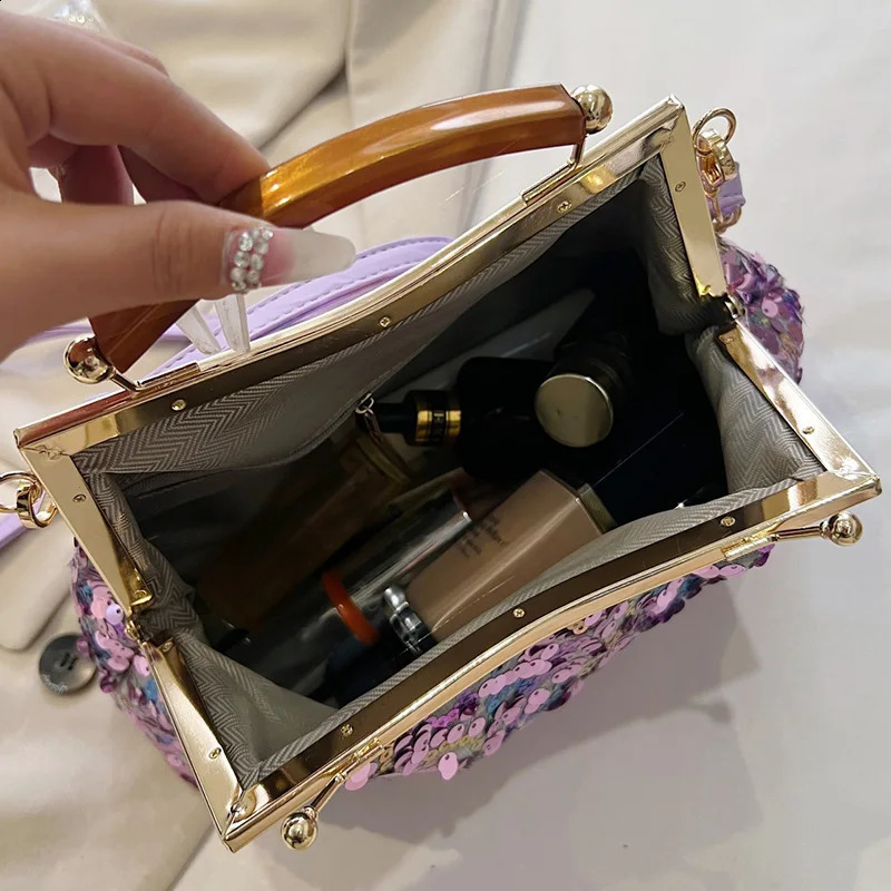 Fashion Women Evening Clutch Metal Glitter Sequin Purple Gold Chain Shoulder Bags Wedding Prom Handbags 240822