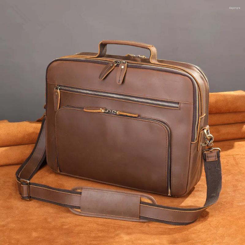 3 Briefcases Retro Crazy Horse Leather Men's Bags Briefcase Genuine Messenger Bag Large Capacity 15.6-Inch Laptop