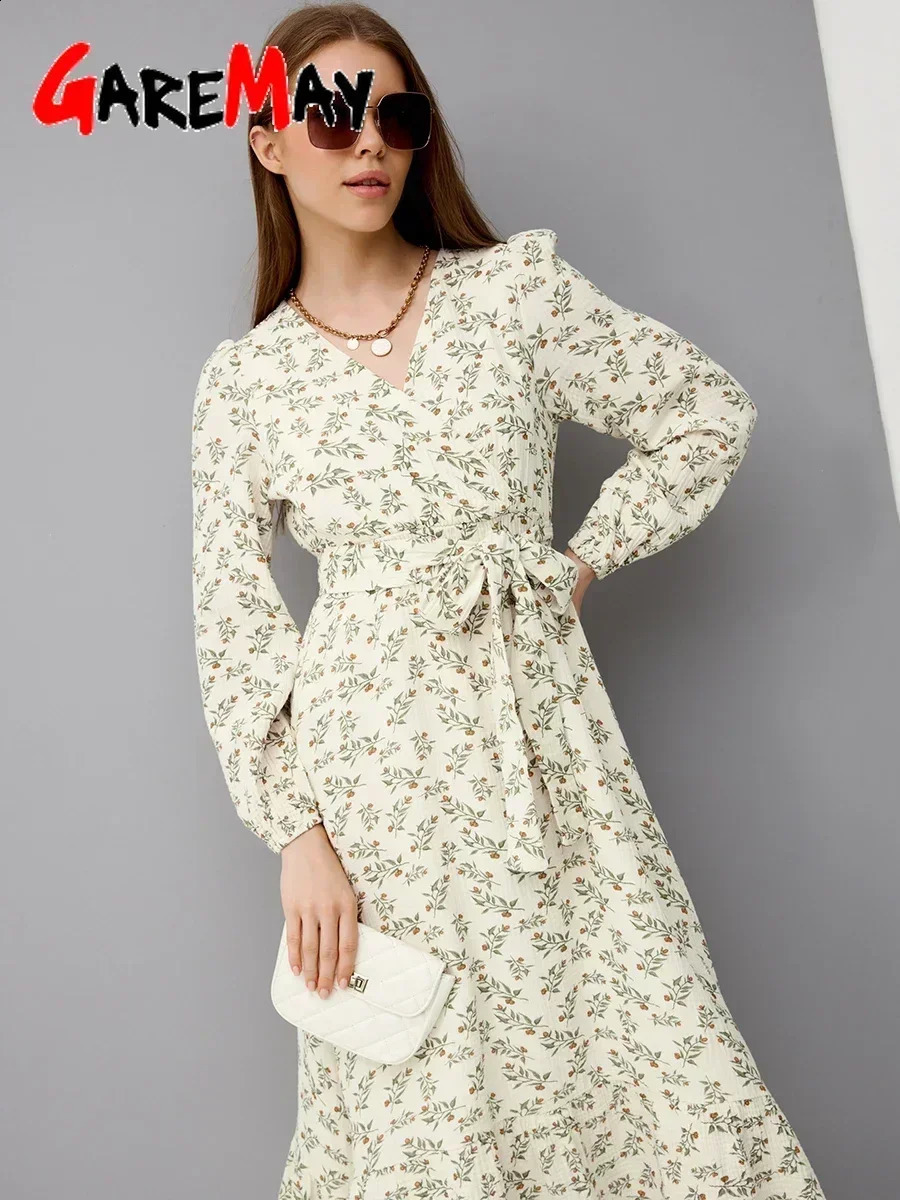 Casual Womens Cotton Dress 100% Floral Print A-line Vintage Muslim Midi Dress Flower V Neck White Elegant Dresses for Women 240822