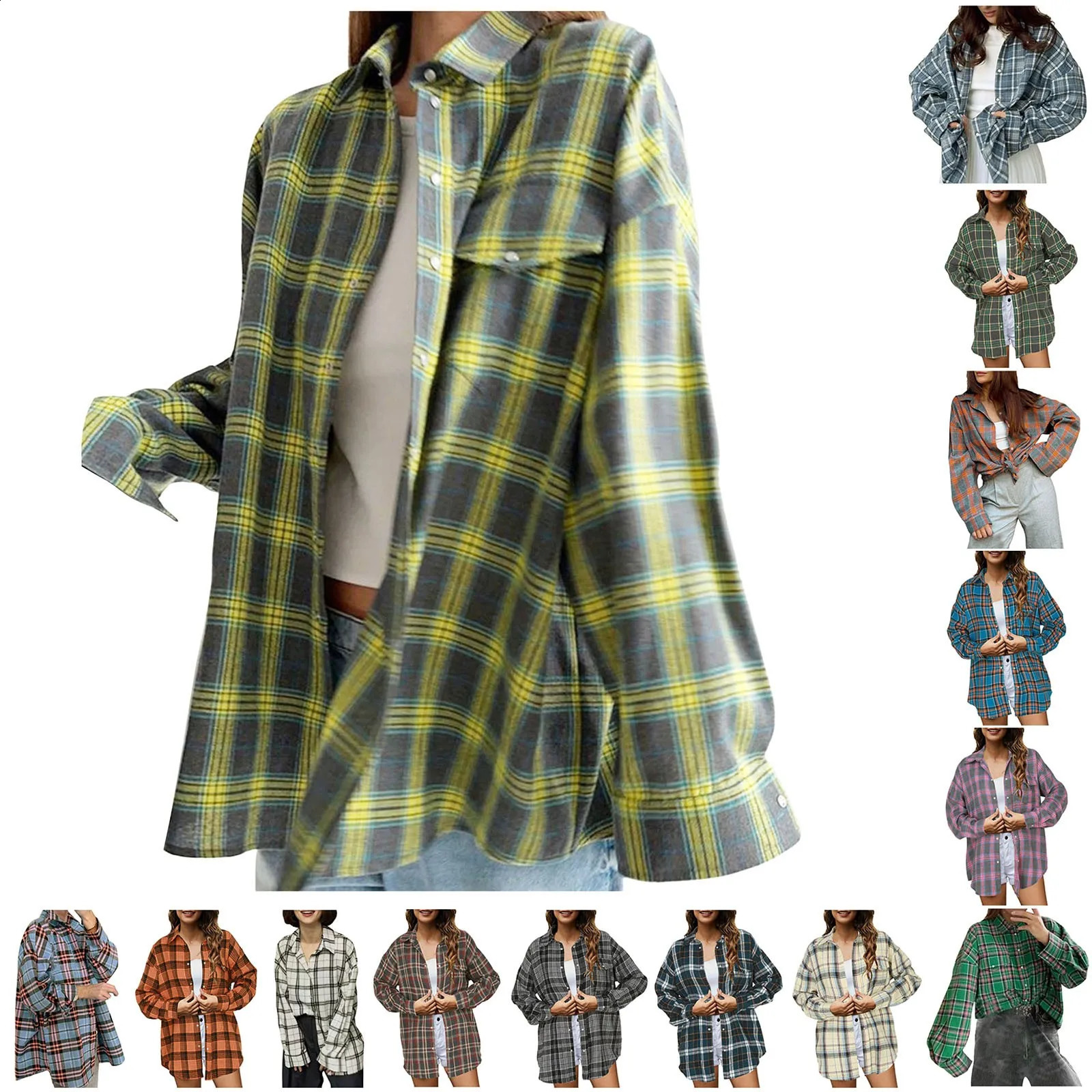 Womens plain long sleeved business work top with collar button up fashionable version oversized shirt pockets 240822