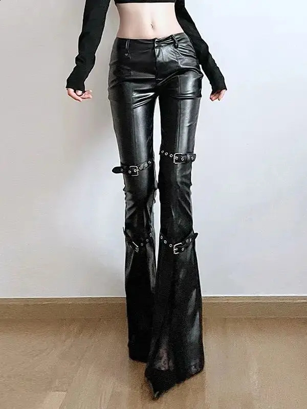 PU Leather Flare Pant Goth Buckle Lace Patchwork Pants Women Fashion Y2K Streetwear Vintage Aesthetics Casual Trouesrs 240821