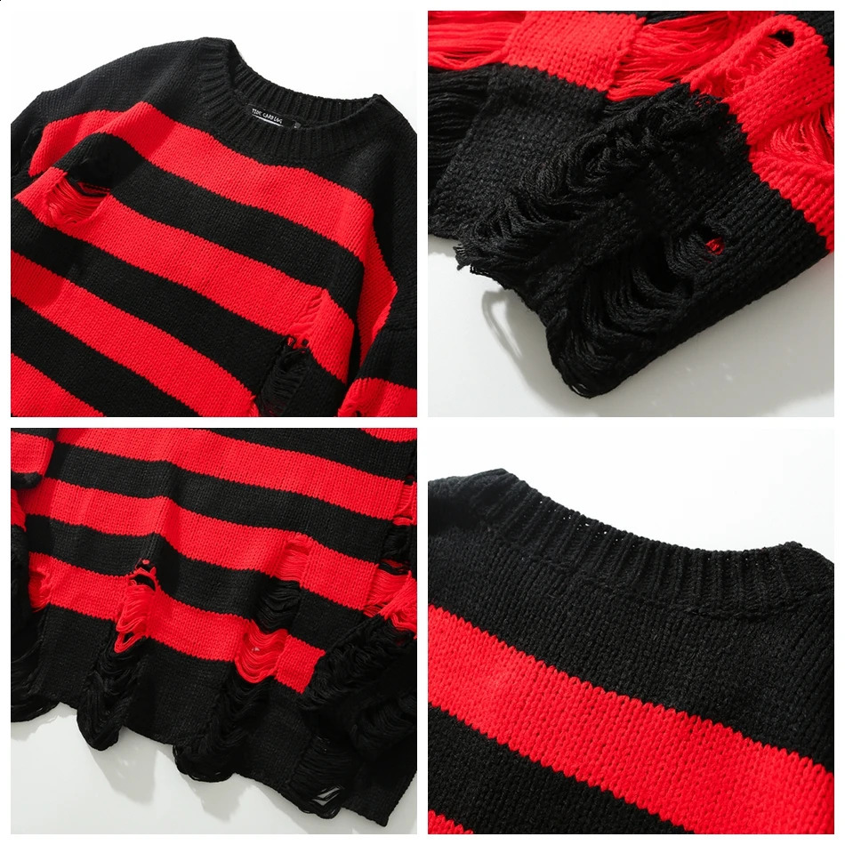 High Street Retro Punk Red and Black Stripes Autumn Sweater Men Loose Ripped Hole Tassel Pullover Round Neck Casual Clothes 240821