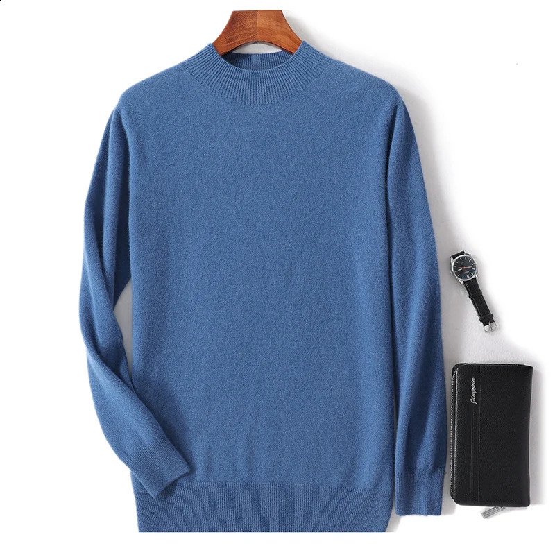 AutumnWinter 100% Pure Wool Casual Solid Color Mens Half High Collar Fashion Trend Knitted Bottom Sweater 240821