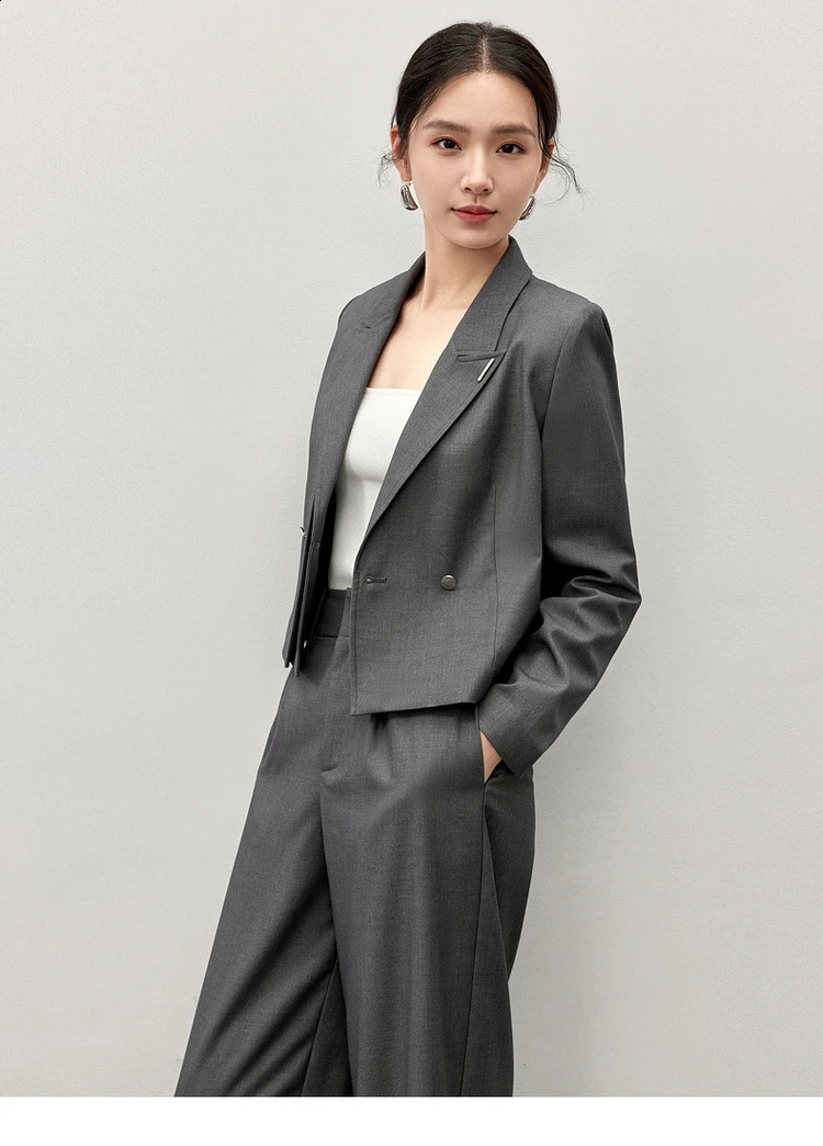 SENTUBILA Office Lady 2 Piece Pant Sets for Women Autumn Double Breasted Short Blazer Wide Long Length Pants Set 143Z56297 240821