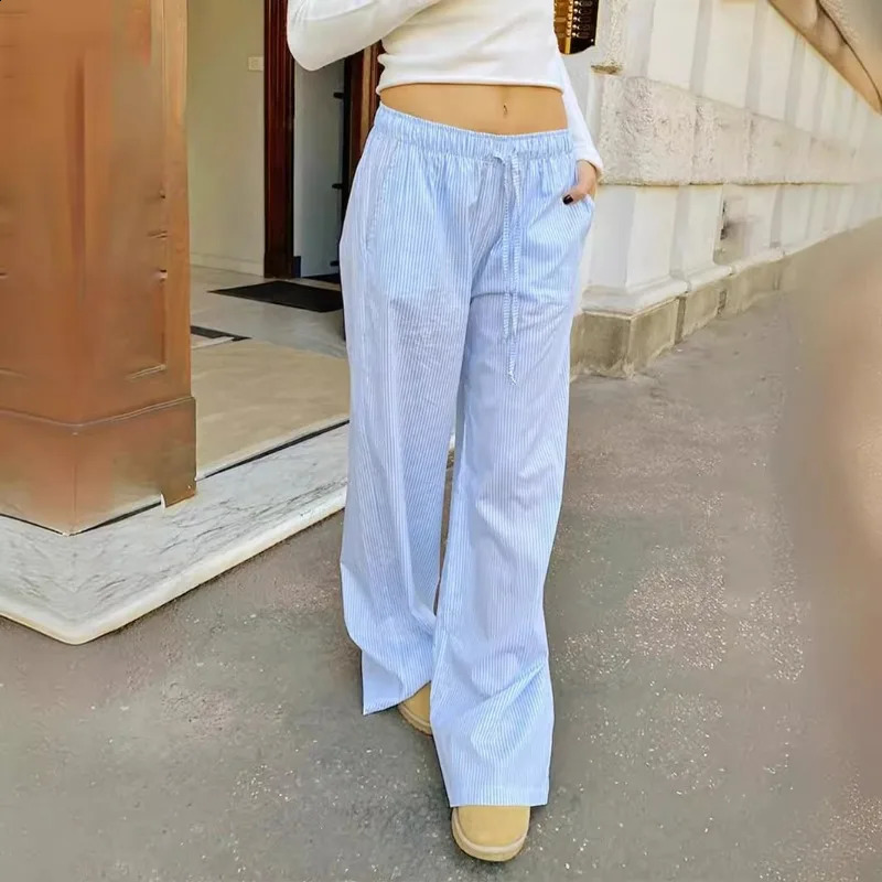 QWEEK Vintage Y2k Blue Striped Casual Pants Oversized Harajuku Korean Fashion Old Money Baggy Pink Trousers Woman Summer Thin 240821