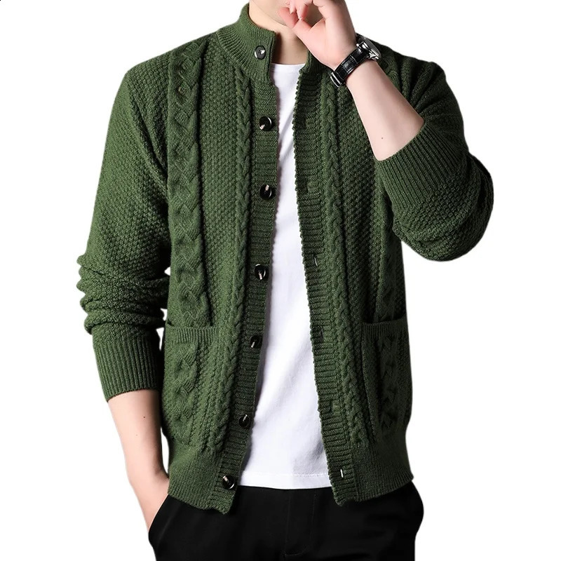 Mens Diamond Plaid Thick Wool Warm Fashion Long Sleeved Casual Cardigan Knitted Sweater Men 240821