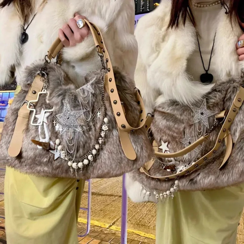 MBTI Y2k Gothic Womens Tote Bag Fluffy Harajuku Fashion Chains Patchwork Winter Shoulder Bag Vintage Large Capacity Handbag 240821