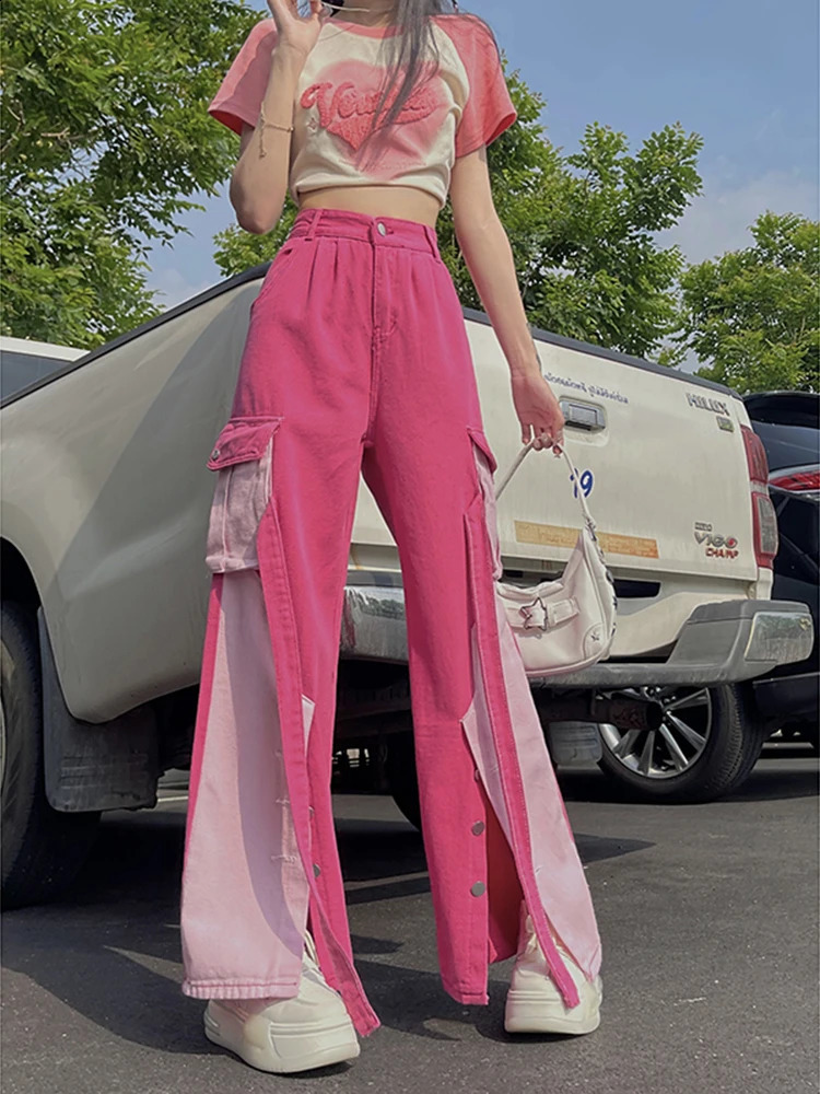 Pink Women Cargo Pants Loose Baggy Pants Korean Fashion High Waist Trousers Moda Pantalones Anchos Y Sueltos Mujer 240821