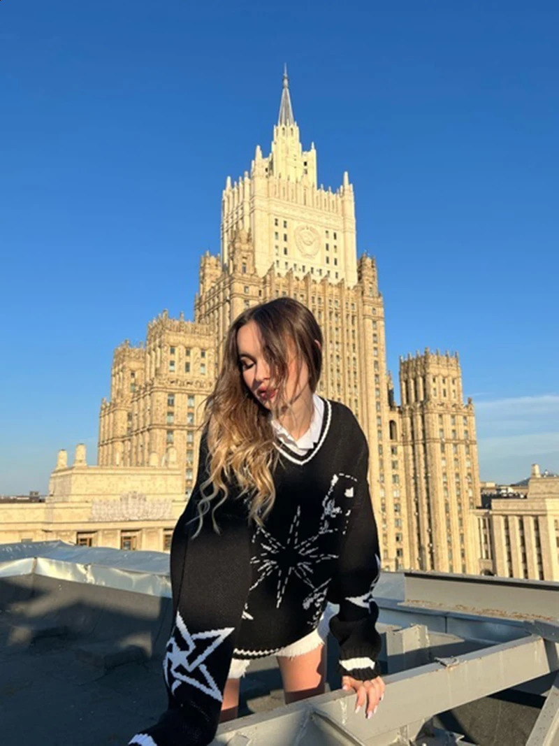 Vintage Star graphics Harajuku Oversized Y2K Sweater Women Knitted Sweater Print Winter Thick Female Pullovers Casual Tops 240821