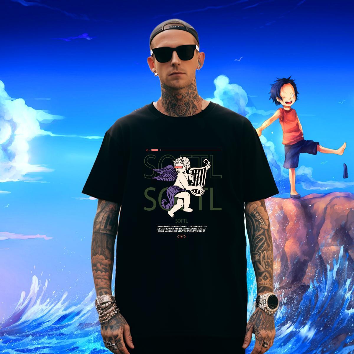 Soft Men Tshirts Hip Hop Street 100% Cotton 230g Plus Size Cartoon Short Sleeve O-Neck angel T-Shirts for Men Fashion Casual Top Tees