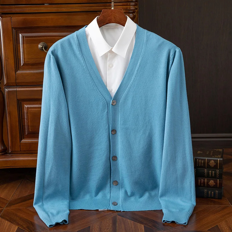 Fall/Winter 100% Merino wool cashmere coat mens V-neck cardigan casual solid color padded knit coat warm coat 240821