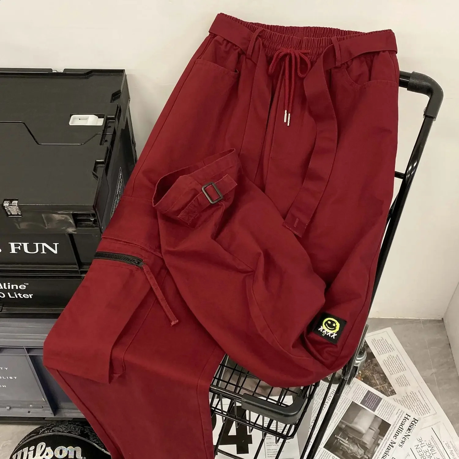 American High Street Red cargo pants Student Trend Loose sweatpants women Slim High Waist Wide Leg Pants y2k women pants 240821