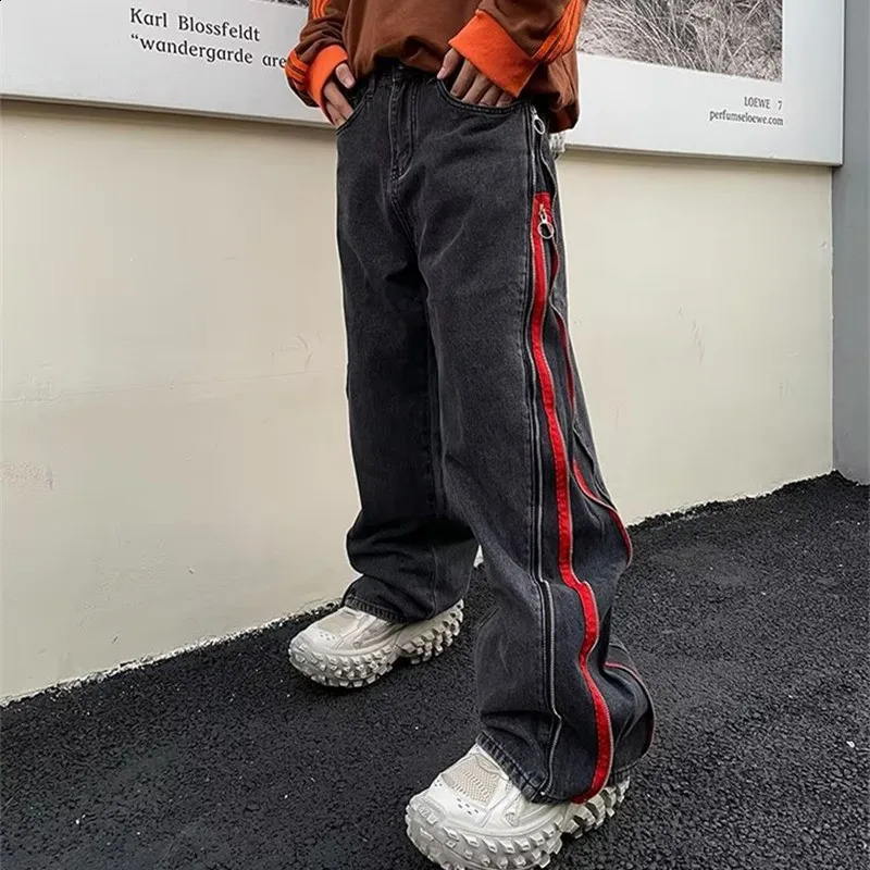 Cool Side Zipper Oversize Hip Hop Men Wide Jeans Pants Y2K Clothes Straight Loose Punk Denim Trousers Pantalon Homme 240821