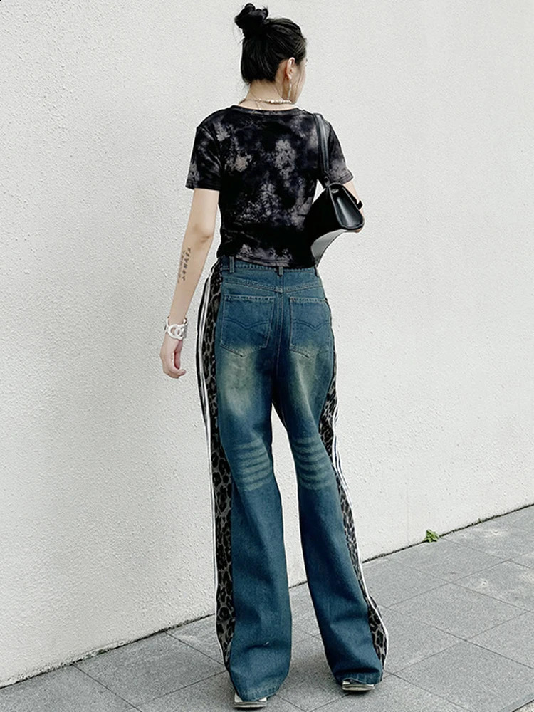 NYFS Summer European American Personality Patchwork leopard Woman Jeans Loose Plus size Elastic Waist Denim Trousers 240821