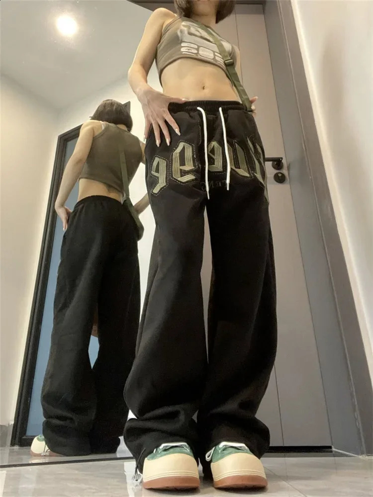 QWEEK Hip Hop Gray Joggers Sweatpants Women Oversized Letter Embroidery Streetwear Black Track Pants Y2K Kpop Jogging Pantalon 240821