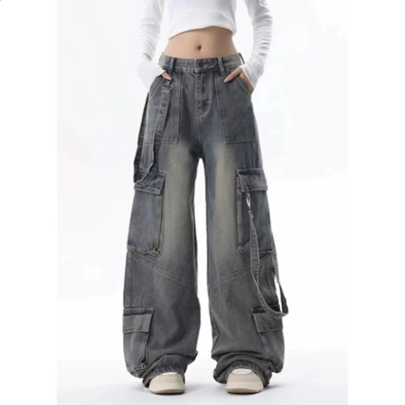 FOTVOTEE Cargo Pants Women Casual Loose Vintage Pockets Streetwear Denim Pants Korean Style Fashion High Waisted Jeans 240822