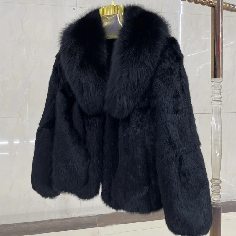100% Genuine Whole Skin Rabbit Fur Coat with Real Natural Fox Fur Collar Jacket Full Pelt Rabbit Fur Overcoat HT89 240821