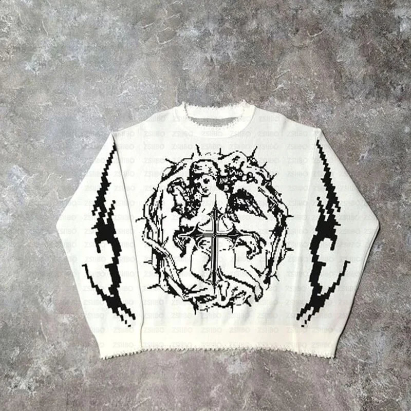 Hip hop streetwear knitted sweater mens Gothic pattern oversized pulled winter Harajuku cotton Y2K top 240821