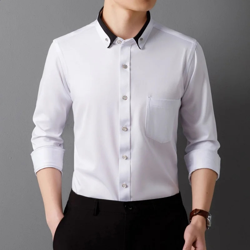 Mens Shirt Long Sleeve Elastic Wrinkle Proof Business Office Spring and Autumn Top Classic Solid royal blue -Black -White-green 240822