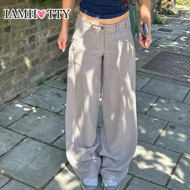 IAMTY Vintage Multi Pockets Cargo Pants Grey Wide Leg Straight Sweatpants Y2K Streetwear Loose Trousers Chic Bottoms Women 240821