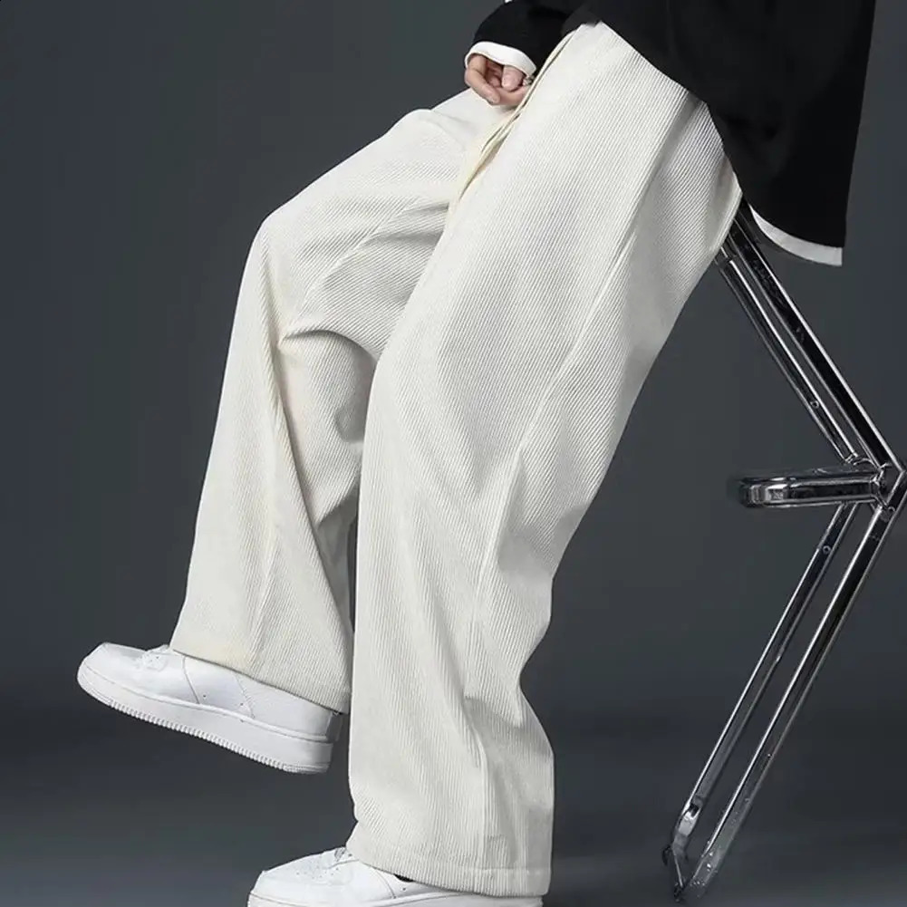 Men Solid Color Vintage Casual Straight Pants Spring Autumn Korean Fashion Wide Leg Trousers Men Street Corduroy Pants 240822