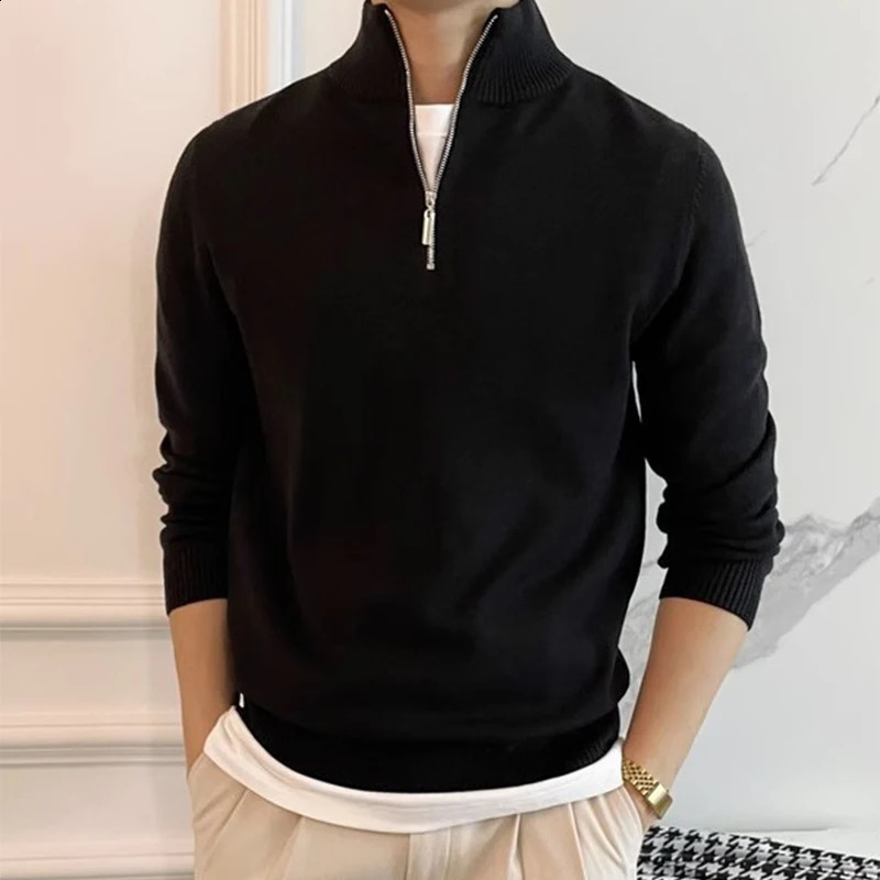 autumn fashion standing collar sweater mens long sleeved zipper ultrathin jumping top winter casual solid color 240821