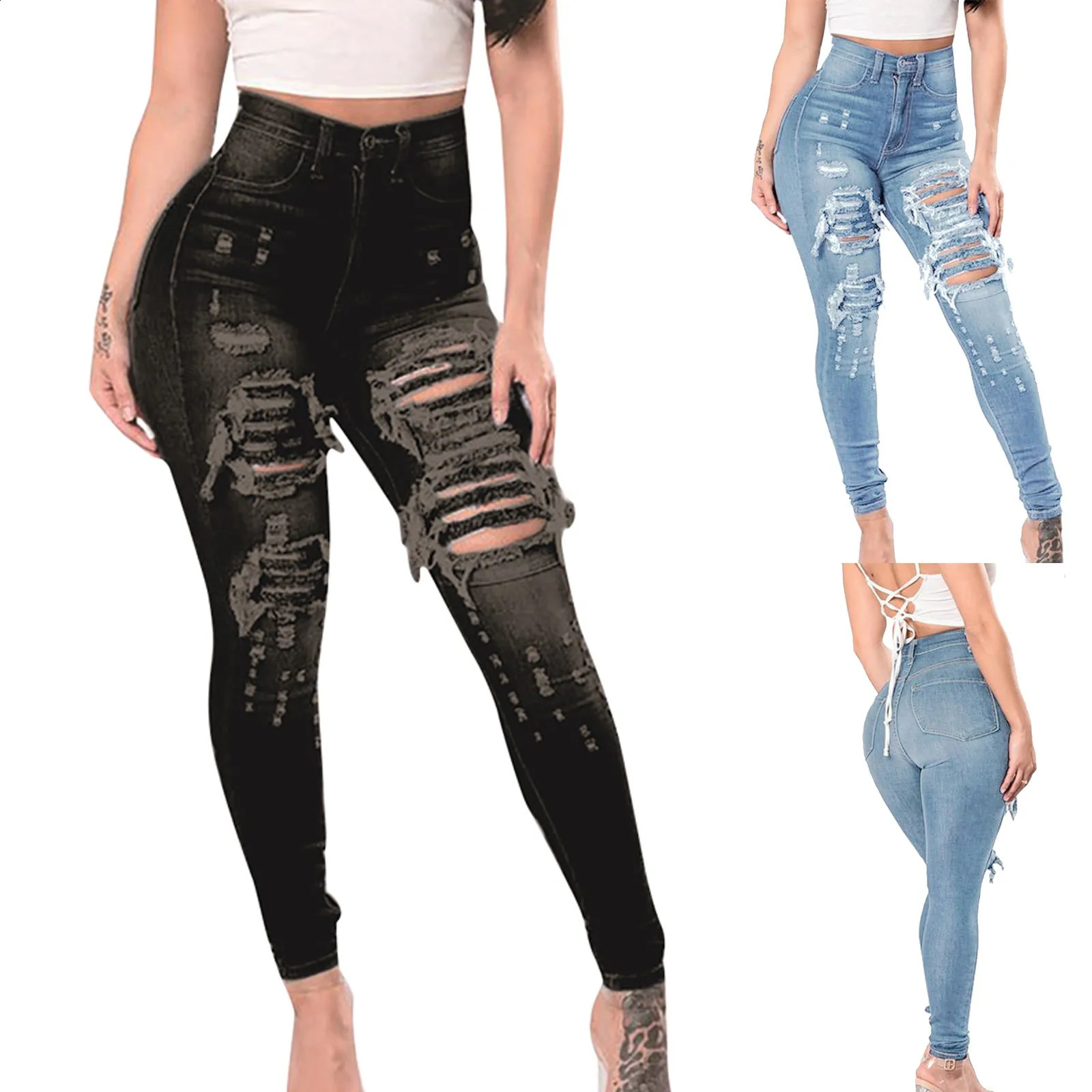 Slim Washed Ripped Hole Gradient Long Jeans Denim Sexy Regular Cargo Pants Women Pantalones De Mujer Roupas Feminina 240821