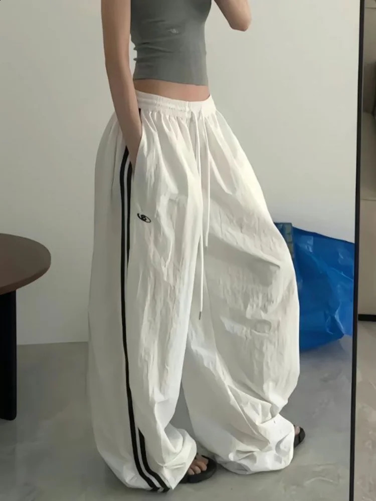 QWEEK Y2K Harajuku Vintage Striped Pants Women Loose Embroidery Wide Leg Casual High Waist Kpop Fashion Sweatpants 240821