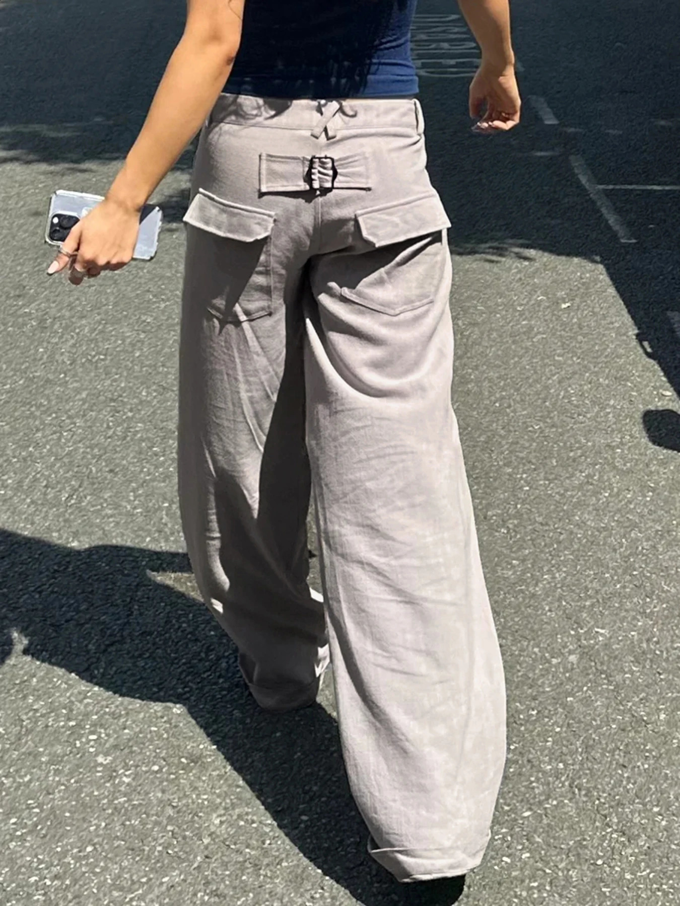 Rockmore Casual Cotton Linen Cargo Pant Vintage Solid Low Waist Wide Leg Trousers Streetwear All Match Y2k Chic Sweatpants Women 240821