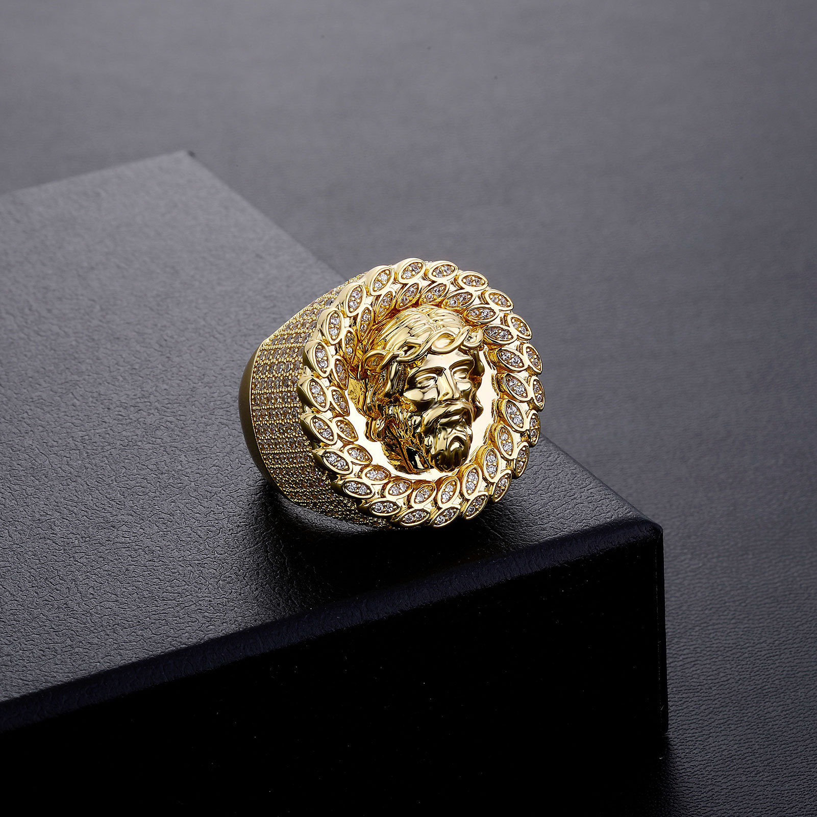 Hip Hop TopBling Full Zircon Statue Ring 14K Real Gold Plated Mens Rap Jewelry Gift