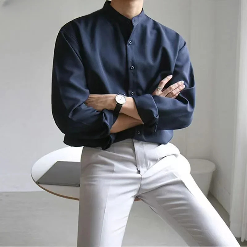 Men Spring Autumn Fashion Stand Collar Solid Shirts Men Long Sleeve Business Casual Shirts Male Loose Blouses I170 240822