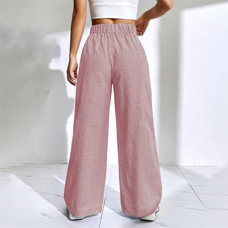 Lamuusaa Women Wide Leg Pants Summer Striped Elastic High Waist Loose Lounge Trousers with Front Pockets y2k Clothing Streetwear 240821