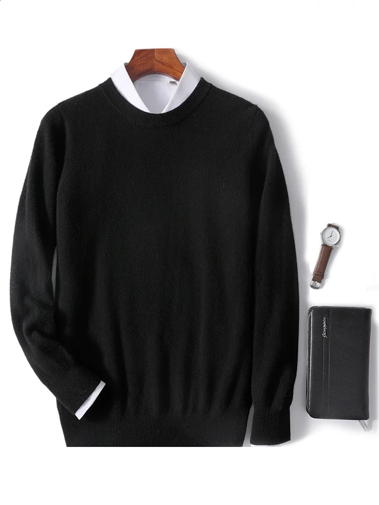 Spring Autumn 100% Pure Merino Wool Pullover Sweater Men O-Neck Long-sleeve Cashmere Basic Knitwear Clothing 240821