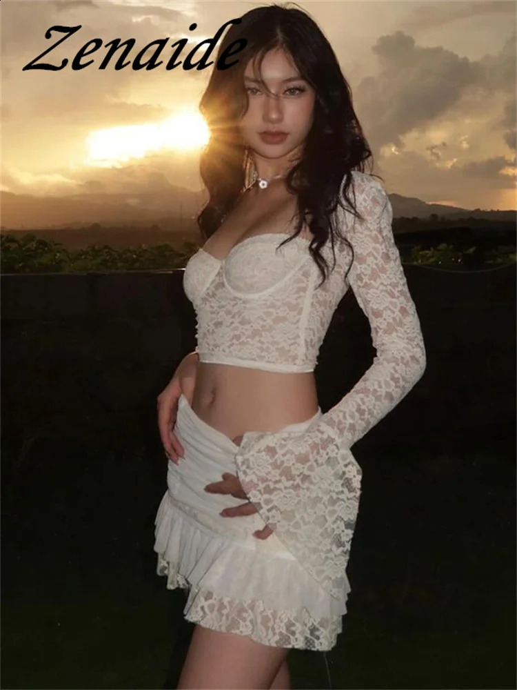 Zenaide flame long sleeved crop top pleated mini skirt 2piece set sexy lace holiday womens transparent for autumn 240821