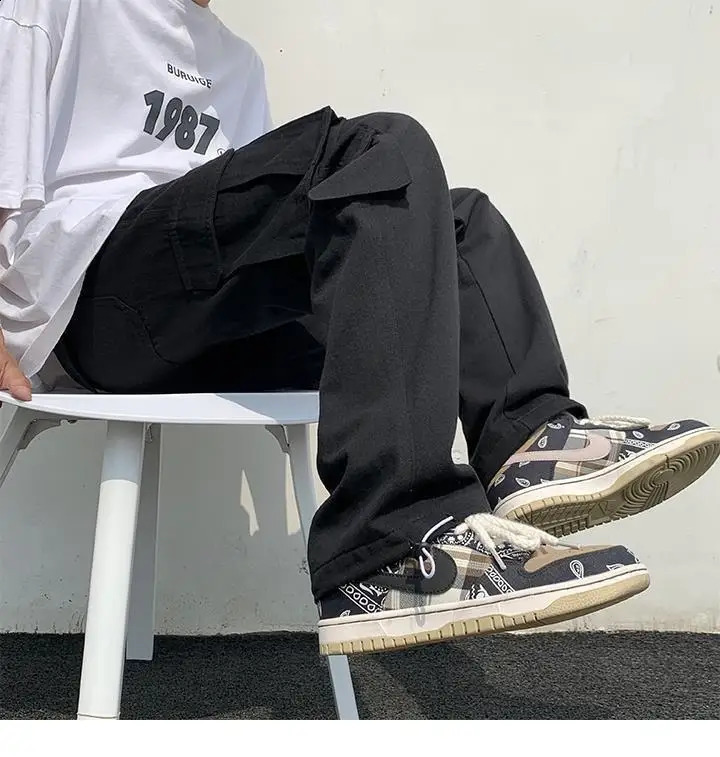 Black/white Casual Pants Mens Fashion Loose Straight Wide Leg Pants Men Streetwear Hip-hop Pocket Cargo Pants Mens Trousers 240822